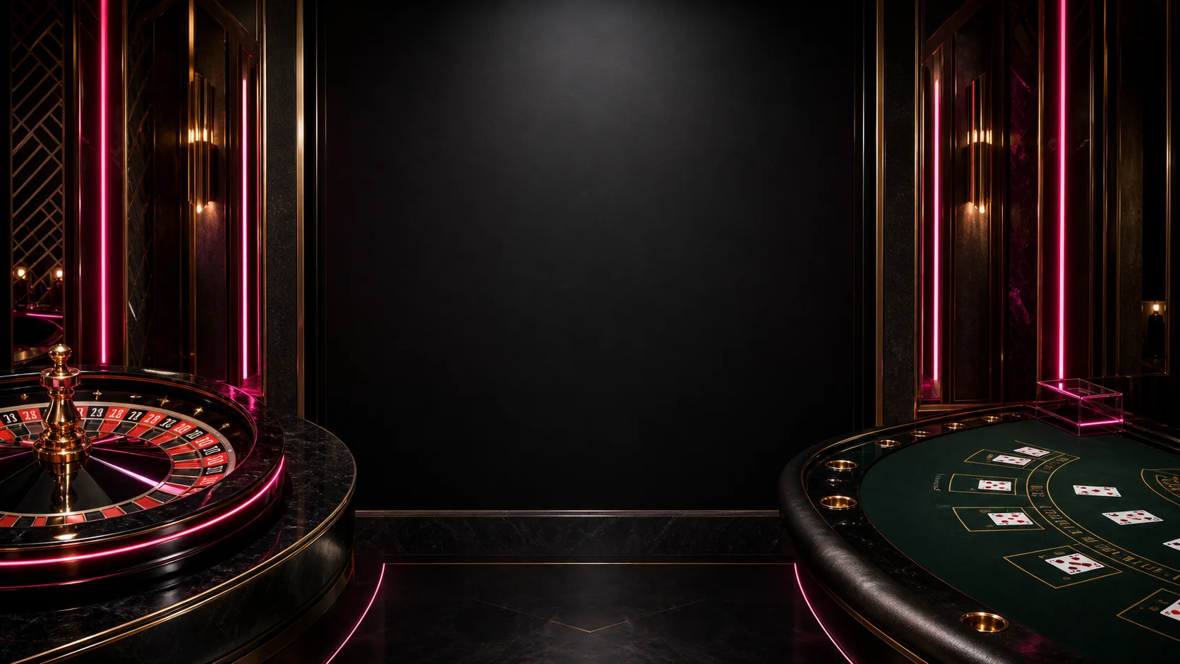 Roulette wheel and card table in a dark casino room lit by pink and gold light