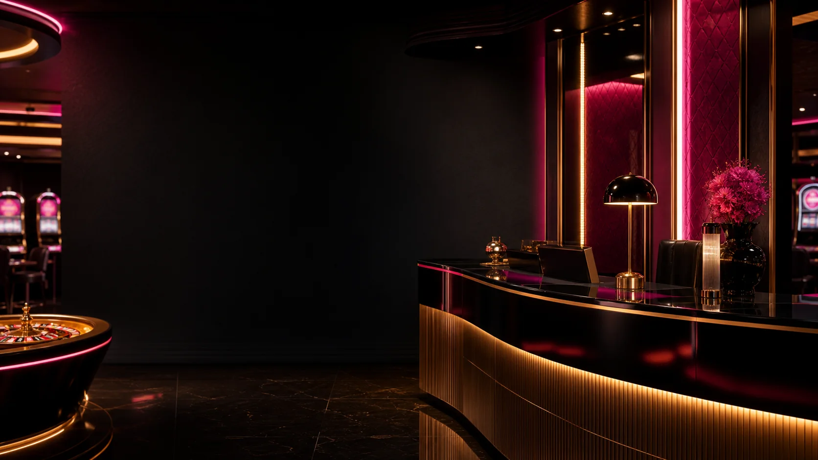 24Bet-style casino cashier counter with pink and gold lighting