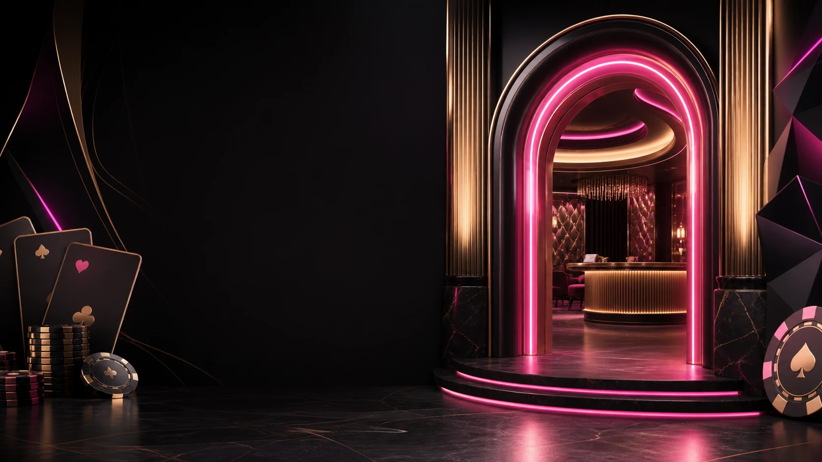 Pink-lit casino entrance with cards and chips
